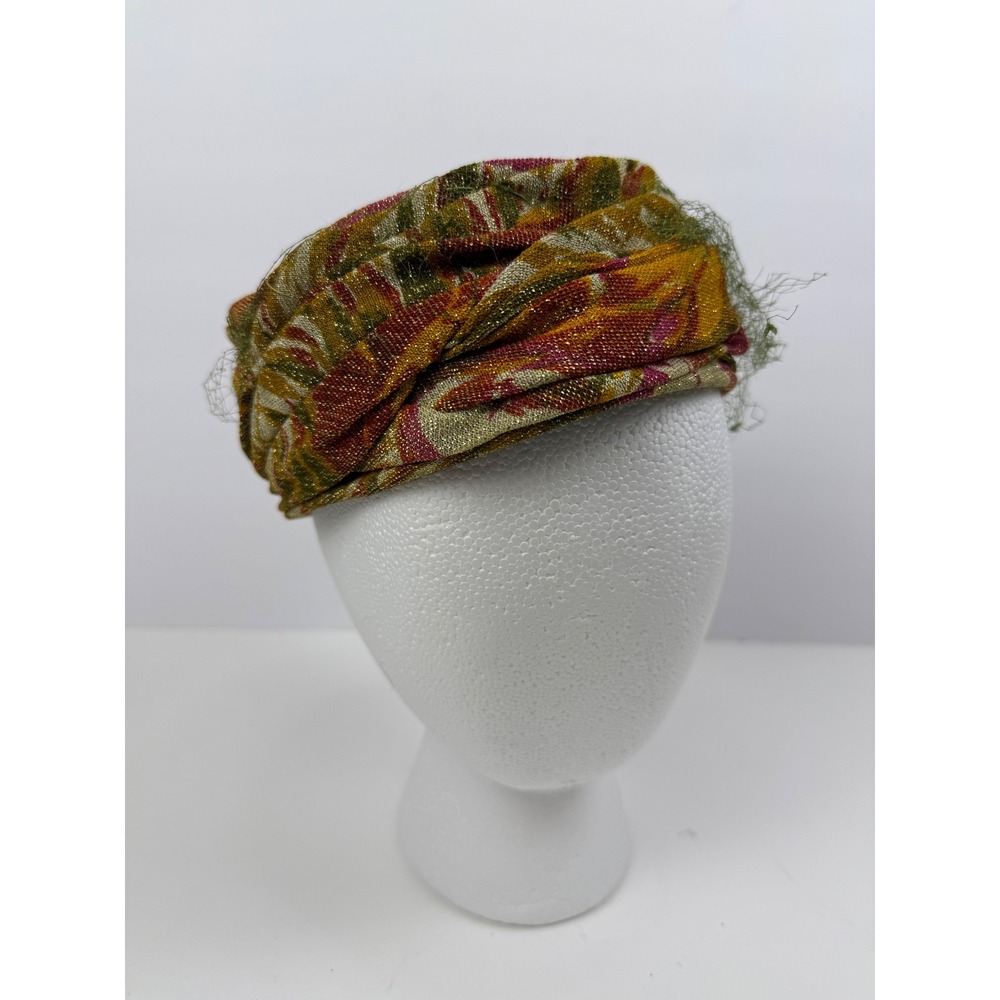 Vintage Winkelman's Pillbox Hat Tropical Palm Leaf Green Gold Metallic Hat